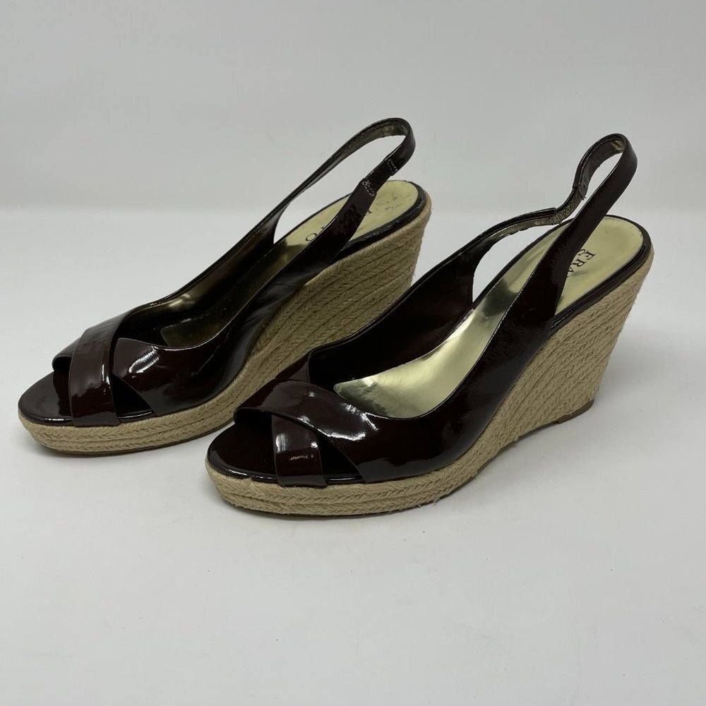 Franco Sarto espadrille wedge sandal leather peep toe slingback brown‎ size 9